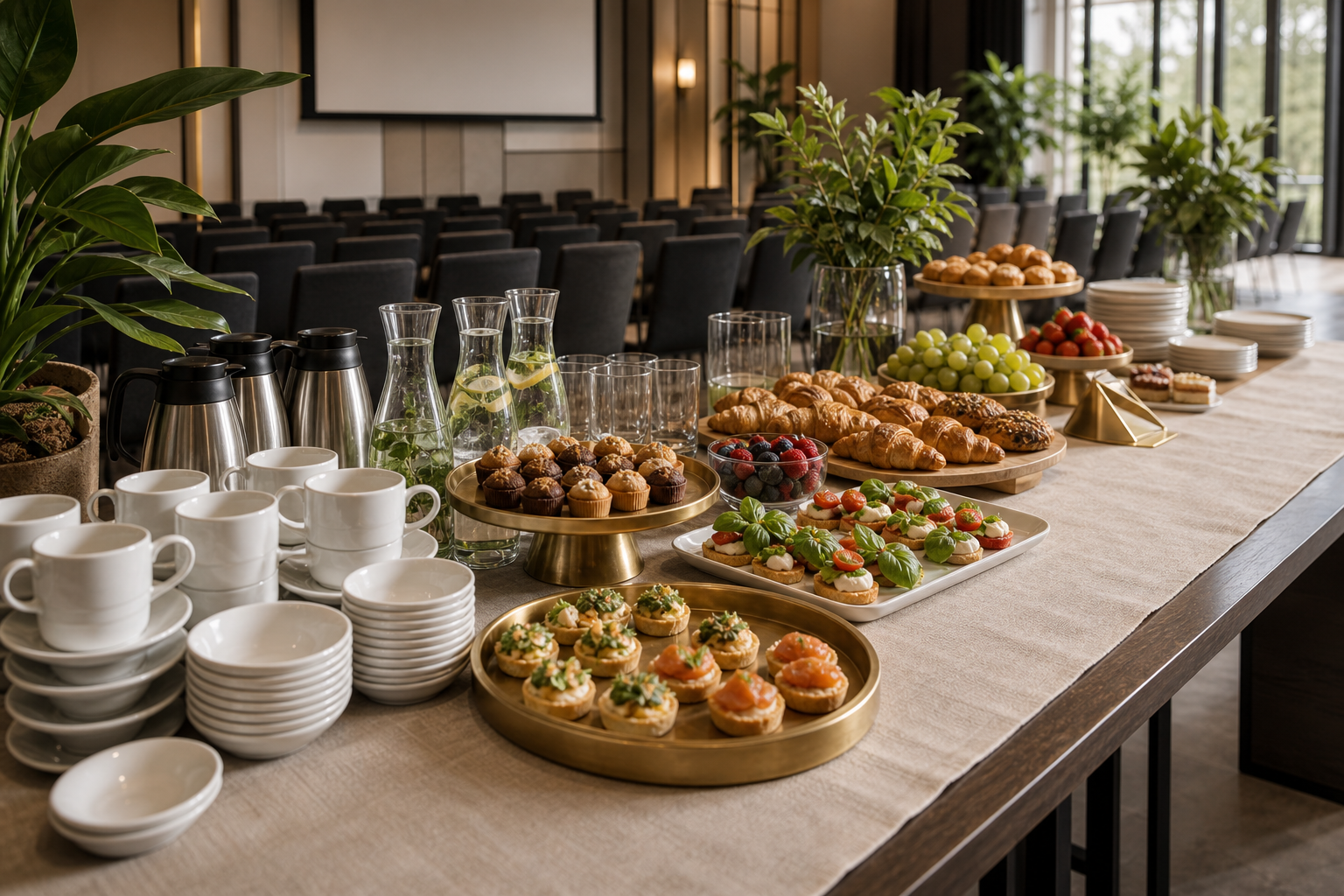 Elegancki catering konferencyjny z kawą i przekąskami